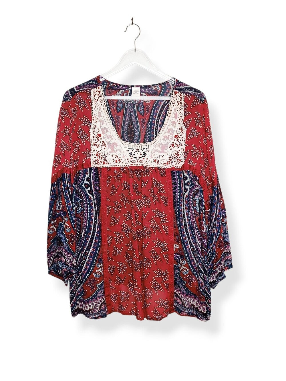 Bila Boho Red Blue Paisley Lace Trim Long Sleeve Top Shirt Blouse Size XXL